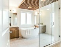 Master bathroom in the Isaiah showhome by San Rufo Homes in Rocha in the Orchards, Edmonton.