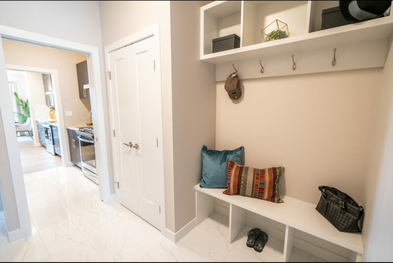 Mudroom in the Chianti showhome by Cantiro Homes in Rocha
in the Orchards, Edmonton.