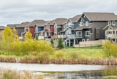 Pond backing lots in the south Edmonton community of Rocha in the Orchards.